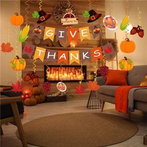 42Pcs Thanksgiving Decorations Pre-Assembled GIVE THANKS Banner Hanging Swirls